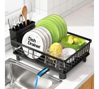 romision Dish Drainer Drying Rack for Kitchen Sink, Stainless Steel Metal Anti-Rust Large Black Wide Plate Bowl Draining Washing Up Holder with Extra Big Spout Drainage & Drip Tray