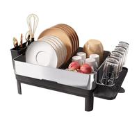 romision Dish Drainer Rack with Drip Tray, 304 Stainless Steel Large Dish Drying Rack for Kitchen Sink of Big Family, Plate Draining Board Rack with Utensil Holder and Heightening Pads