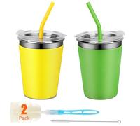 Rommeka Kids Drinking Cups, Durable Stainless Steel Tumbler Cups with Lids and Silicone Straws, Easy-Grip Sleeves, Set of 2 Spill Proof Cups for Kids (Green & Yellow)