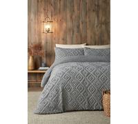 Fusion - Grey Teddy Fleece Duvet Cover - Double Bedding Size (200 x 200cm) - Reversible Design - Dark Grey Jacquard Duvet Cover - Geometric Square Tufted Bedding - Super Soft & Cosy Fleece