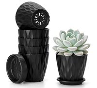 Romon Flower Pot Set, 6 Packs Plant Pot with Grooved Structure, 10 cm Hydroponics Pot with Saucer for Indoor and Outdoor Use, Plastic Planter with Multiple Drainage Holes, Round Plant Pot, Black