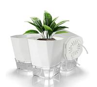 Romon Flower Pot with Watering System, Set of 3 Self-Watering Herb Pots, Double Layer Design for Kitchen/Office, Transparent Water Level Indicator for Plants, Hydroponics Pot, White, Diameter 15.2 cm