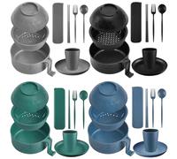 Romooa 24 Pcs Microwave Ramen Cooker Set Microwavable Wheat Straw Dinnerware Sets for 4 with 33oz Ramen Bowl, Plates, Cups and Cutlery Box, Dishwasher Safe Camping College Dorm (Dark Colors)