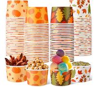 Romooa 48 Pcs 9oz Fall Paper Bowls Treat Snack Cups Autumn Ice Cream Dessert Bowl Thanksgiving Pumpkin Maple Leaf Treat Snack Cup for Hot or Cold Food Thanksgiving Party Favor Supplies
