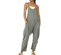 Romper Suits for Women Cotton Dungarees with Pocket Casual Loose Sleeveless V Neck Spaghetti Strap Romper Harem Pants Overalls Baggy Lightweight Playsuits Loungewear Going Out Outfits
