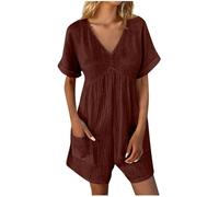 Rompers for Women Boho Lounge Ladies Jumpsuits One Piece Casual Dungarees UK Summer Short Sleeve Overalls Plus Size Beach Vacation Short Playsuits with Pockets