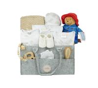 Rompibaby | Newborn Unisex Baby Gift Basket, Hand Packed Hamper with Nappy Caddy, Paddington Bear, Waffle Blanket, Clothes, Essentials & Baby Shower Gifts