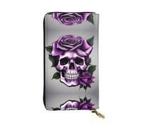 RoMuka Purple Rose Skull Leather Long Handheld Wallet Card Bag For Credit Card Cash Coin Storage, Black, 10691, Black, One Size