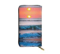 RoMuka Sunset And Sunrise With Ocean Sea Waves Leather Long Handheld Wallet Card Bag For Credit Card Cash Coin Storage, Black, One Size