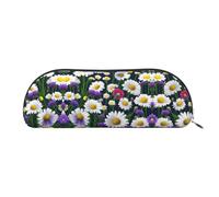 RoMuka Wild Flowers And Cornflowers Daisies Leather Half Round Storage Bag Stationery Bag Makeup Bag Wallet Storage Bag, Silver, One Size, Storage Bag