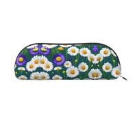 RoMuka Wild Flowers And Daisies Leather Half Round Storage Bag Stationery Bag Makeup Bag Wallet Storage Bag, Silver, One Size, Storage Bag, Silver, One Size, Storage Bag