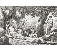 Romulus and Remus are discovered by Shepherd Faustulus being breastfed by the wolf who saved the twins' lives when they were abandoned. The god Mars said to have been his father watches. After a 19th