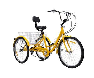 ROMYIX 24 Inch 7 Speed Tricycle for Adults Folding Bicycle Yellow 3 Wheel Bicycle with Basket, Water Cup Holder, Headlight