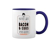 Ron Swanson Bacon Parks and Recreation White Coffee Mug with Blue Rim & Handle