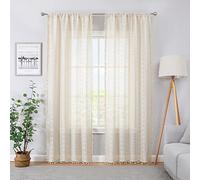 Ronaldecor Beige Boho Linen Sheer Lace Curtains 63 Inch Length Crochet Geometry Knitting Curtain Panels with Tassel Bohemian Rod Pocket Window Drapes for Living Room Bedroom, 2 Panels, 63" L x 40" W