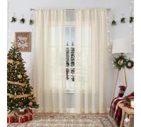 Ronaldecor Beige Boho Linen Textured Tassel Sheer Lace Curtains, Chic Crochet Geometry Knitting Rod Pocket Window Drapes for Living Room Bedroom, 2 Panels,63" L x 40" W