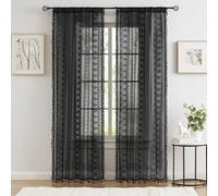 Ronaldecor Black Boho Linen Textured Tassel Sheer Lace Curtains, Chic Crochet Geometry Knitting Rod Pocket Window Drapes for Living Room Bedroom, 2 Panels,72" L x 40" W