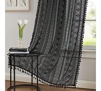 Ronaldecor Black Boho Linen Textured Tassel Sheer Lace Curtains, Chic Crochet Geometry Knitting Rod Pocket Window Drapes for Living Room Bedroom, 2 Panels,63" L x 40" W