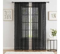 Ronaldecor Black Boho Sheer Lace Curtains Textured Tassel Geometry Crochet Curtain Panels Bohemian Light Filtering Rod Pocket Window Drapes for Living Room Bedroom, 2 Panels, 63" L x 40" W