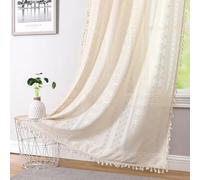 Ronaldecor Linen Boho Linen Textured Tassel Sheer Lace Curtains, Chic Crochet Geometry Knitting Rod Pocket Window Drapes for Living Room Bedroom, 72" L x 40" W, 2 Panels,