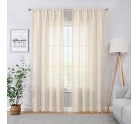 Ronaldecor Linen Boho Linen Textured Tassel Sheer Lace Curtains, Chic Crochet Geometry Knitting Rod Pocket Window Drapes for Living Room Bedroom, 72" L x 40" W, 2 Panels,