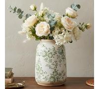 Ronasip Vintage Blue and White Chinoiserie Ceramic Vase, 6.9” Hand-Painted Peony Floral Design, Antique Style Vases for Home Decor, Centerpieces, Living Room, Balcony (Green and White)