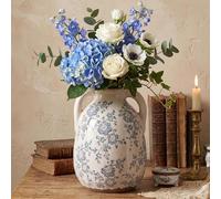 Ronasip Vintage Chinoiserie Blue and White Ceramic Vases Decor 7” Retro Ice Crackle Hand-Painted Peony Ceramic Pitcher Antique Style Home Decor (7.5 Inch Blue and White)