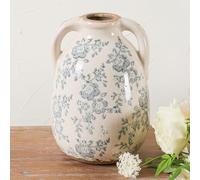Ronasip Vintage Chinoiserie Flower Vase Double Handle 7” Blue and White Vase Retro Ice Crackle Waterproof Hand-Painted Peony Ceramic Pitcher (Blue and White, 7.48”)
