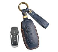 Rondrive Leather Key Case Suitable for Ford Focus Mondeo Fiesta Galaxy Kuga S-MAX Edge Explorer Mustang 2013-2020 Car Key Case Key Cover Key Protector 3 Buttons Blue