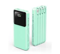RONEGN Portable Charger with Built in Cable - Power Bank Fast Charging USB C LED Display 10000mah Battery Pack 5 Outputs & 3 Inputs for Travel Essentials iPhone Samsung Android Phones Tablets Cyan