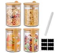 Rongbaor 4 Pack Glass Jars with Airtight Bamboo Lid and Spoon,530ml Overnight Oats Jars,Kitchen Spice Jars Storage Containers,With Waterproof Label and Marker Pen for Home Storage Cookie Candy Coffee