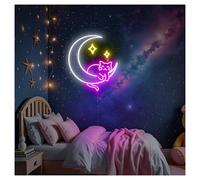 RONGCH Hanging Art Neon Signs Clumsy Cat Moon Neon Lights Adjustable Brightness Suitable for Studio Bedroom Wall Decor 43cmx48cm(A)