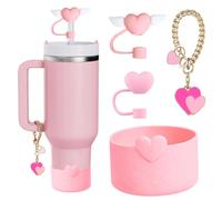 RONGFY Water Bottle Accessories Set for Stanley Cup,2Pcs 10mm Heart Straw Topper Straw Cover Cap,1PCS Love Charms,1PCS Siliocne Boot for Stanley 30&40 Oz Tumbler with Handle for Women (Pink)