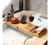 RONGJJ Expandable Bathtub Caddy Tray Bath Tray Bamboo Bath Caddy With Wine Glass Holder, Tablet Holder, Phone Tray, Sandal