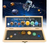 RONGJUKD 9 Planets Solar System Desk Decor - Tumbled Crystal Gemstone Ball Set with Display Stand - Healing Stones for Space Lovers, Astronomy Gifts, Science Classroom Model