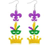 Ronglry Mardi Gras Earrings Fleur De Lis Mask Earrings for Women Glitter Acrylic Crown Carnival Dangle Drop Earring for Mardi Gras Outfit Accessories for Women Holiday Jewelry Gifts, Acrylic, No