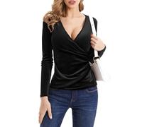Rongseng Long Sleeve Women's Sexy Deep V-Neck Velvet Shirt Long Sleeve Tops Wrap Velvet T-Shirt Blouse Elegant Pullover Slim Fit Tunic Tops for Party Club Everyday Festive, black, XL