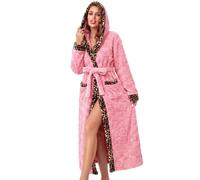 RONGTAI Bathrobe for Women Soft Warm Fuzzy Fleece Long Robe Leopard Print Trim Shawl Collar Housecoat with Pockets & Belt (Pink Love, XXL)