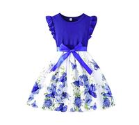 RONGTAI Girls' Summer Butterfly Print Dress Sleeveless Ruffled A-Line Sundress Holiday Party Daily Wear for 5-6Years,Dark Blue