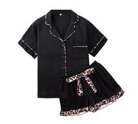 RONGTAI Pajama Set for Women Two Piece Leopard Short Sleeve Button Down Sleepwear Tops and Ruffled Shorts Pjs Black Lounge Sets Summer Soft Valentines Loungewear XL