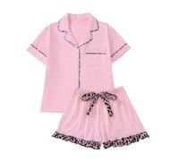 RONGTAI Pajama Set for Women Two Piece Leopard Short Sleeve Button Down Sleepwear Tops and Ruffled Shorts Pjs Pink Lounge Sets Summer Soft Valentines Loungewear XL