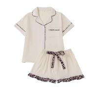 RONGTAI Pajama Set for Women Two Piece Leopard Short Sleeve Button Down Sleepwear Tops and Ruffled Shorts Pjs White Lounge Sets Summer Soft Valentines Loungewear XL