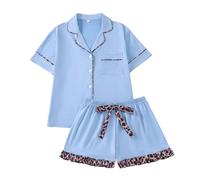 RONGTAI Pajama Set for Women Two Piece Leopard Short Sleeve Button Down Sleepwear Tops and Ruffled Shorts Pjs Blue Lounge Sets Summer Soft Valentines Loungewear XL