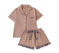 RONGTAI Pajama Set for Women Two Piece Leopard Short Sleeve Button Down Sleepwear Tops and Ruffled Shorts Pjs Brown Lounge Sets Summer Soft Valentines Loungewear XL