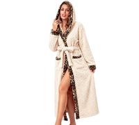RONGTAI Womens Bathrobe Fuzzy Fleece Long Robe with Leopard Trim Soft Warm Housecoat with Pockets and Belt (Off-White, M)