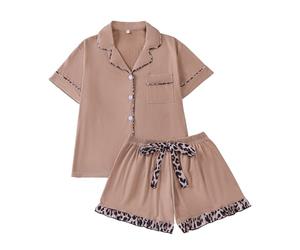 RONGTAI Womens Pajamas Set 2 Pcs Button Down Shirt with Pocket Matching Ruffled Leopard Pjs Shorts Brown Sleepwear Sets Summer Casual Soft Holiday Loungewear M