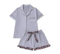 RONGTAI Womens Pajamas Set 2 Pcs Button Down Shirt with Pocket Matching Ruffled Leopard Pjs Shorts Grey Sleepwear Sets Summer Casual Soft Holiday Loungewear M