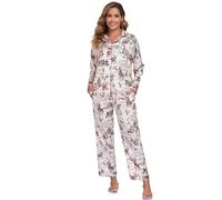 RONGTAI Women's Satin Pyjama Set Long Sleeve - Lightweight Summer Pajamas for Women with Printed Collar, Breathable Nightwear for Hot Weather (UK, Alpha, XXL, Regular, Regular, Beige Horse)