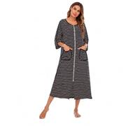 RONGTAI Women's Short Viscose Nightdress with Print & Zip - Round Neck, Short Sleeves, Lightweight & Soft, Perfect for Travel & Gifting (UK, Alpha, M, Regular, Regular, Navy Blue Stripes)