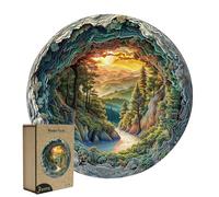 Rongxze Wooden Jigsaw Puzzles for Adults, 34x34cm 300 Pieces 3D Sunset Forest Cave Landscape, Unique Irregular Shape Wood Puzzle Stress Relief Gift
